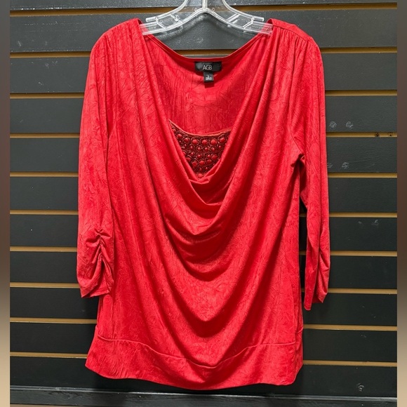 AGB Tops - AGB Red Drape Neck Embellished Top Ruched Sleeve Size L
